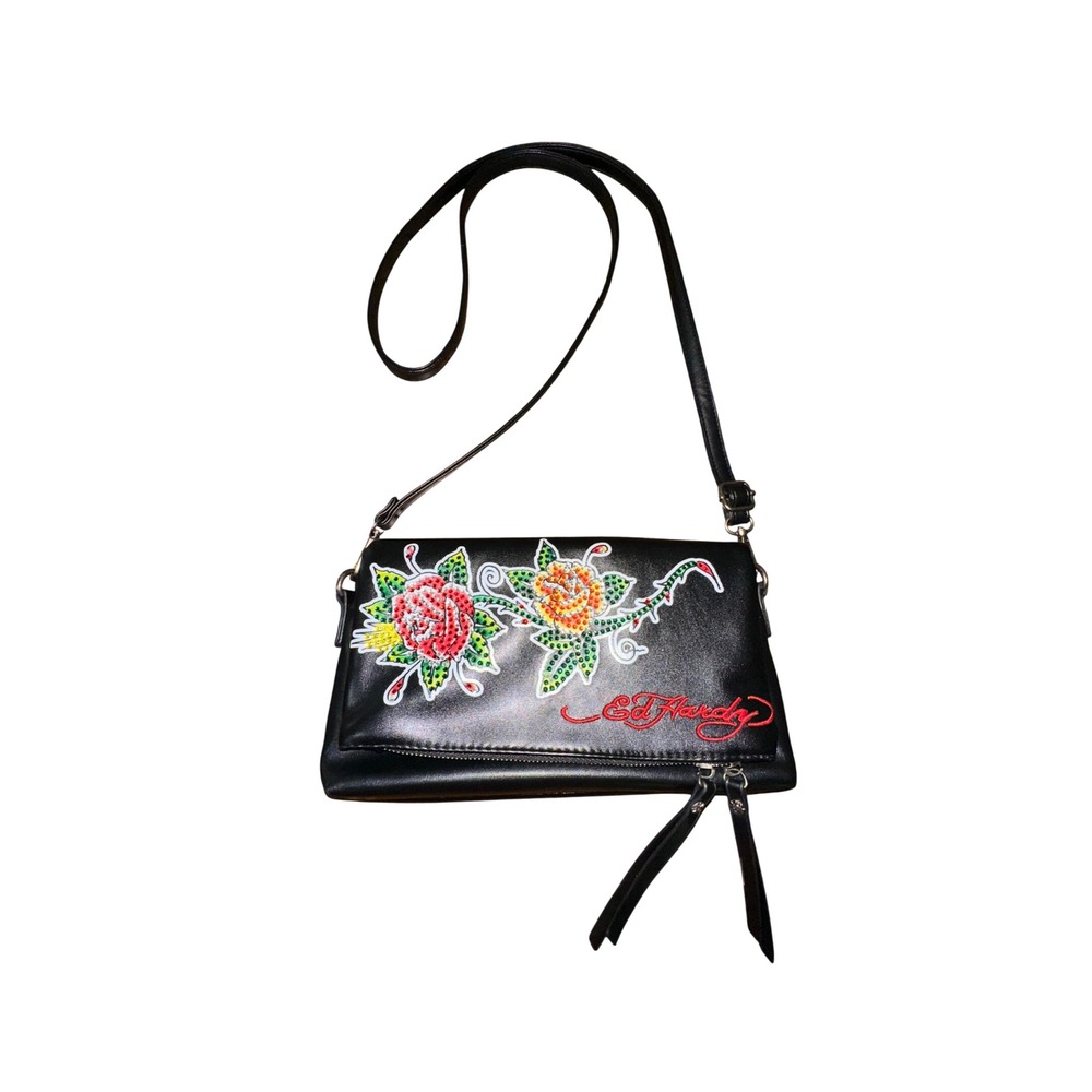 Ed Hardy Black Faux Leather Rhinestone Rose Crossbody Foldover Bag Y2K Tattoo